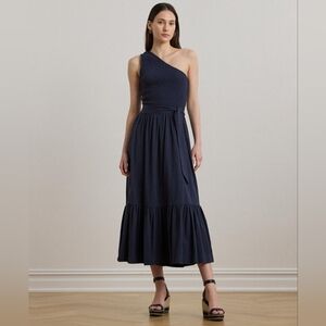 RALPH LAUREN WOMEN'S BELTED SLUB JERSEY ONE SHOULDER NAVY DRESS SIZE LARGE NWT